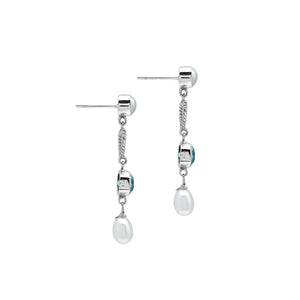 Sterling Silver Fresh Water Pearl and Blue Topaz Quartz heart drop earrings handcrafted in Bali with rope texture and polished finish.