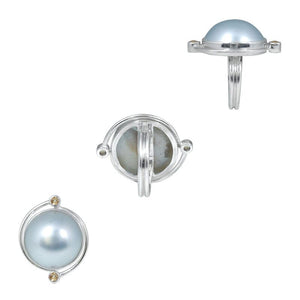 Sterling Silver Ring With Gray Mabe Pearl And Citrine Quartz, Minimalist Designer Ring, Mirror Polished Antique Finish