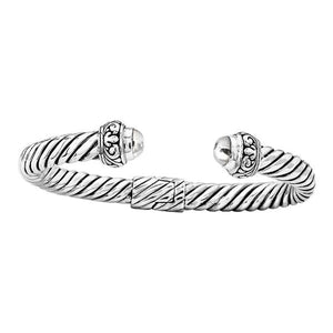Wholesale sterling silver twisted cable cuff Bangle with polished dome ends and Balinese scrollwork"