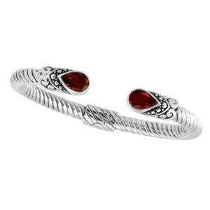 Sterling silver Balinese cuff Bangle with pear-shaped garnet, Quartz, and twisted cable design