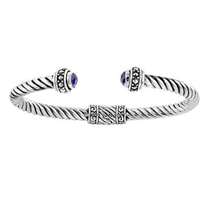 Sterling silver Balinese cuff bangle with round amethyst quartz and rope-style band