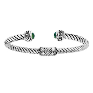 Sterling silver twisted rope bangle with Green Quartz ends, handcrafted in Bali.