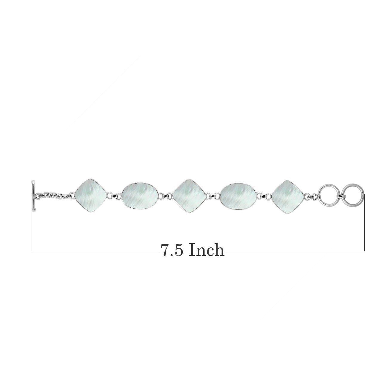 Sterling silver bracelet with alternating oval and cushion mother of pearl links, polished finish