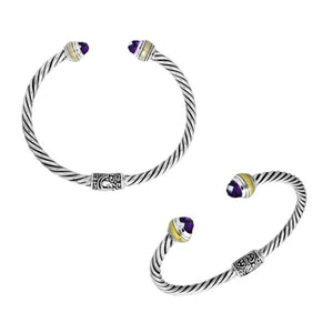 Wholesale sterling silver cable bangle with amethyst quartz accents, handcrafted in Bali.