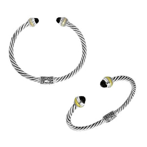 Wholesale Black Onyx bangle in 925 sterling silver with twisted rope design, brass accents, and oxidized finish, handcrafted in Bali.