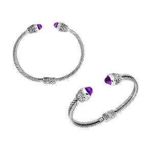 Wholesale sterling silver Amethyst Quartz bangle with twisted rope design, Balinese motifs, and oxidized finish, handcrafted in Bali.