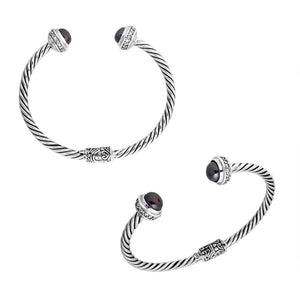 Sterling silver handcrafted bangle with gray pearl and cubic zirconia, twisted rope design, made in Bali.