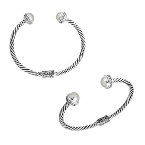 Sterling silver handcrafted bangle with pearl and cubic zirconia, twisted rope cuff made in Bali.