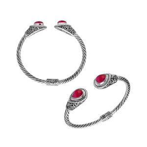 Sterling silver handcrafted bangle with ruby , twisted rope design, Balinese jewelry.