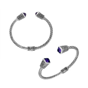 Sterling silver handcrafted bangle with amethyst quartz, twisted rope Balinese cuff.