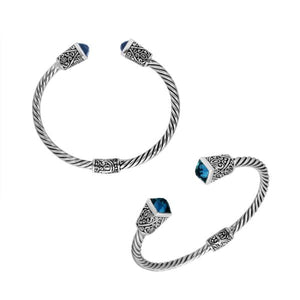 Sterling silver handcrafted bangle with blue topaz quartz, twisted rope Balinese cuff.