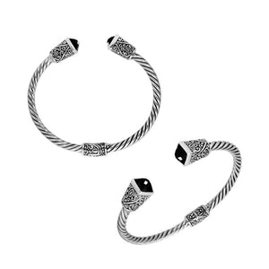 Sterling silver handcrafted bangle with Black Onyx, twisted rope Balinese design.