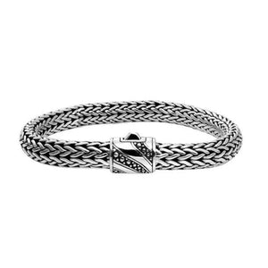 Sterling silver woven bracelet with push clasp and Balinese engraved design, handcrafted in Bali