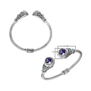 Wholesale Amethyst Quartz and Blue Topaz Sterling Silver bangle, handcrafted in Bali.