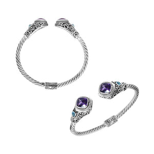 Wholesale Amethyst Quartz and Blue Topaz Sterling Silver bangle, handcrafted in Bali.