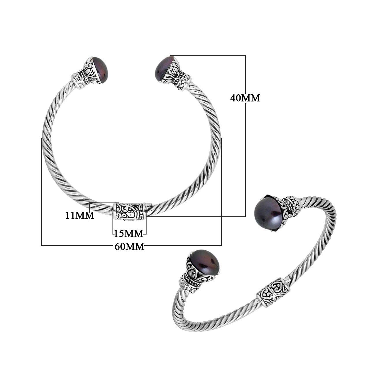 925 Sterling Silver Gray Pearl Bangle with twisted cable design and Balinese handcrafted detailing