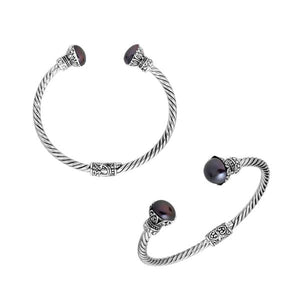 925 Sterling Silver Gray Pearl Bangle with twisted cable design and Balinese handcrafted detailing