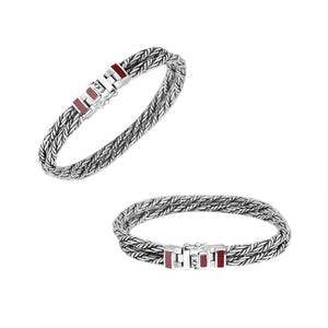 Sterling Silver 5MM Bali Woven Bracelet with Red Coral and Box Clasp wholesale jewelry