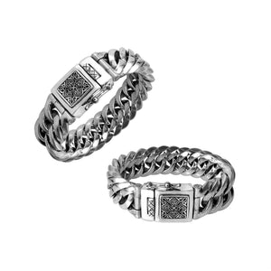Two-view image of a 21MM wide sterling silver curb bracelet with an engraved decorative box clasp, shown on a white background.