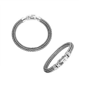 Two-angle product image of a 7MM 925 sterling silver woven rope bracelet with a secure latch clasp, shown on white background.
