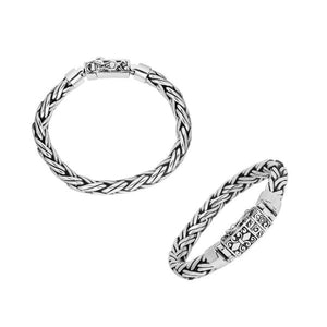 925 sterling silver 7x10 mm woven Bali bracelet with oxidized finish and detailed clasp.