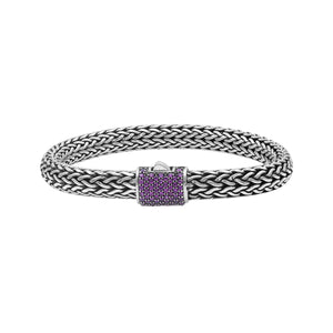 925 sterling silver woven Bali bracelet with Amethyst Quartz stone clasp and oxidized finish.