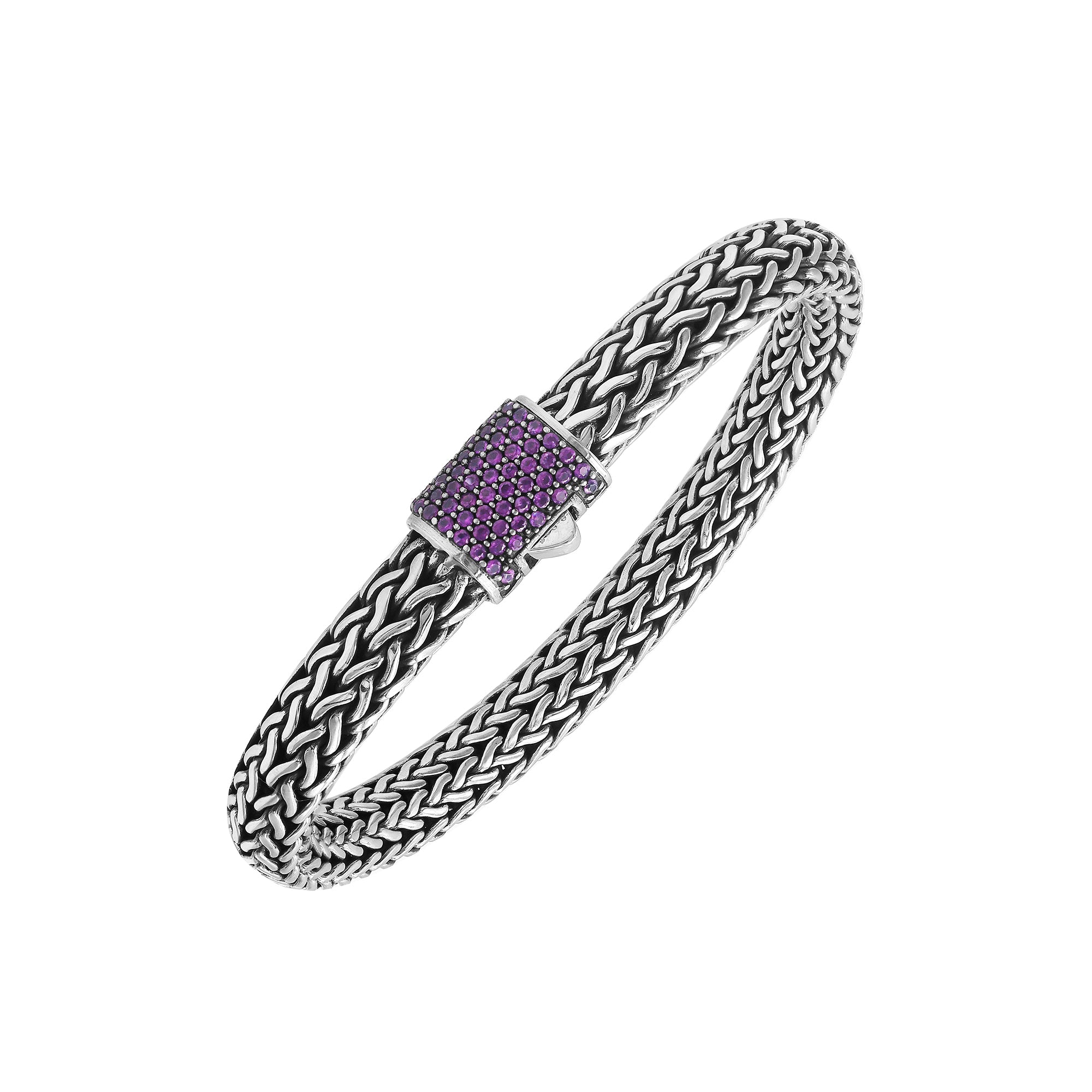 925 sterling silver woven Bali bracelet with Amethyst Quartz stone clasp and oxidized finish.
