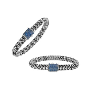 925 sterling silver Bali bracelet with Blue Topaz Quartz clasp and oxidized finish.