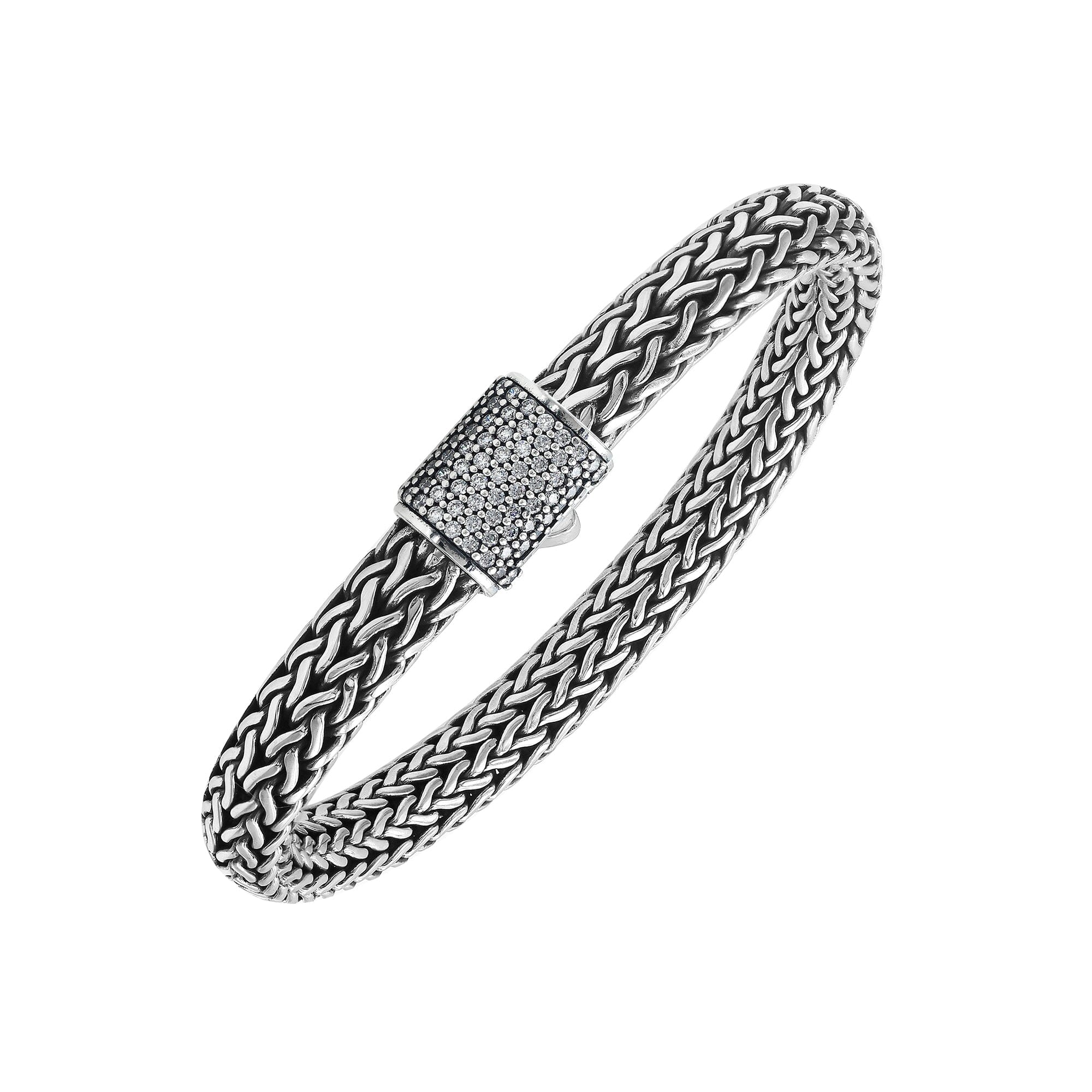 925 sterling silver woven Bali bracelet with White Cubic Zirconia clasp and oxidized finish.