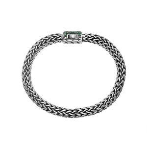 925 sterling silver woven Bali bracelet with Emerald Quartz clasp and oxidized finish.