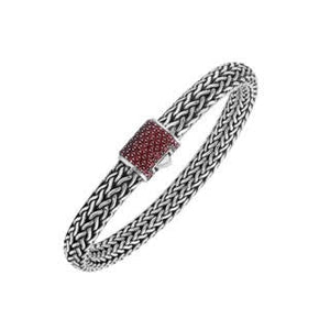 925 sterling silver woven Bali bracelet with Garnet Quartz clasp and oxidized finish.