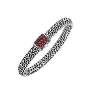 925 sterling silver woven Bali bracelet with Garnet Quartz clasp and oxidized finish.