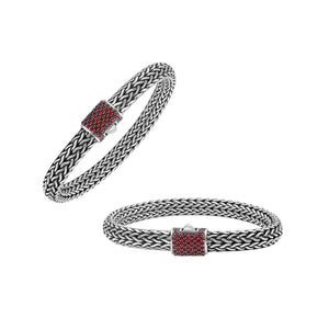 925 sterling silver woven Bali bracelet with Garnet Quartz clasp and oxidized finish.