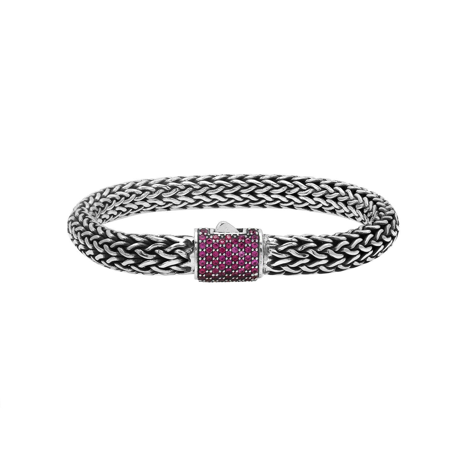 925 sterling silver woven Bali bracelet with Ruby Quartz clasp and oxidized finish.