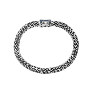925 sterling silver woven Bali bracelet with Sapphire Quartz clasp and oxidized finish.