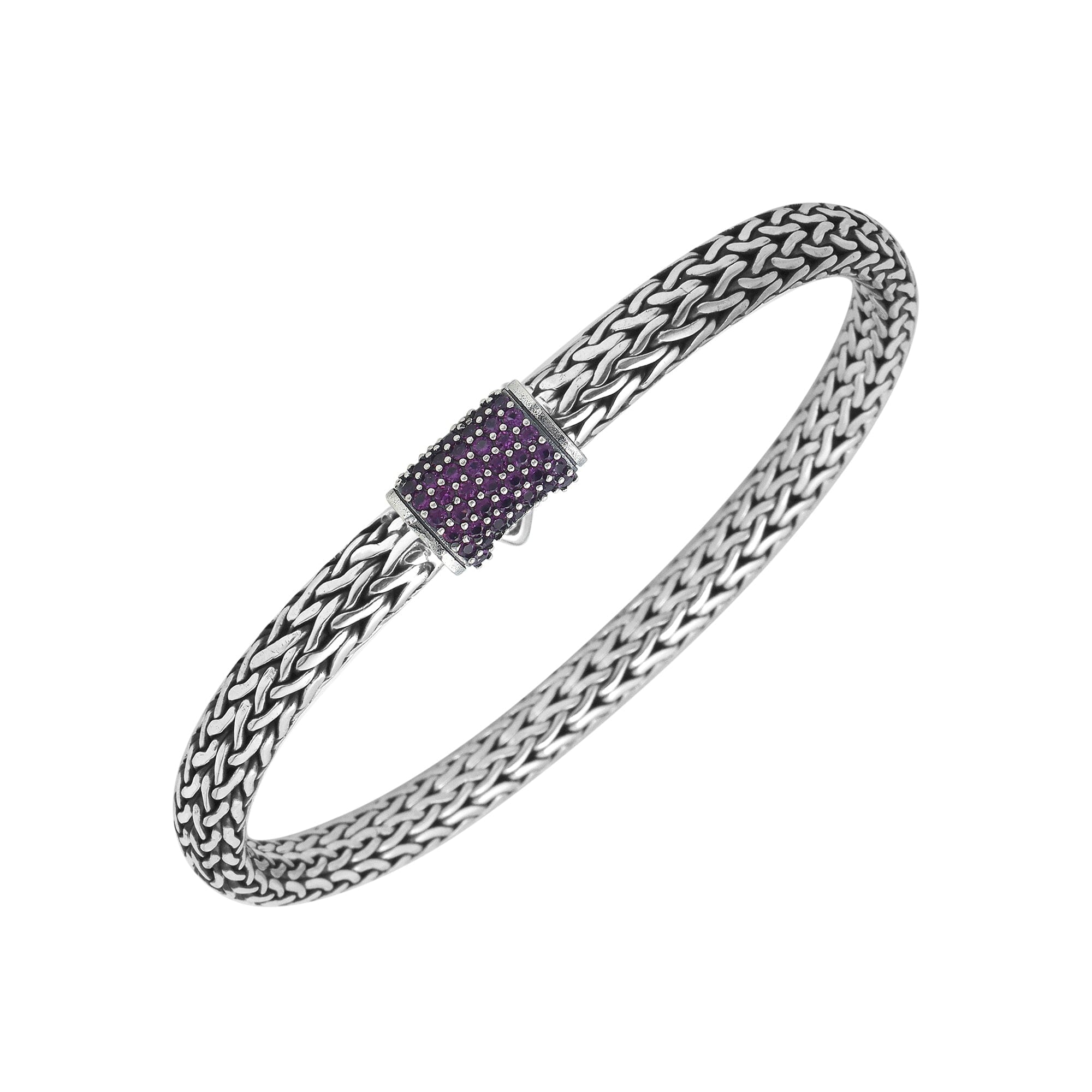 925 sterling silver 4x6 mm woven Bali bracelet with Amethyst Quartz clasp and oxidized finish.