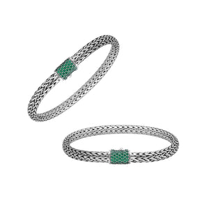 Handwoven 925 sterling silver 4x6 mm Bali bracelet with Emerald Quartz clasp and oxidized finish.