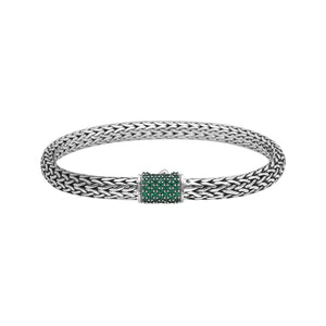 Handwoven 925 sterling silver 4x6 mm Bali bracelet with Emerald Quartz clasp and oxidized finish.