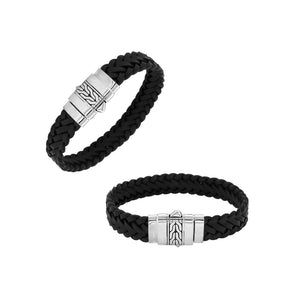 Sterling silver bracelet with black braided leather band for wholesale