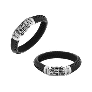 Sterling silver bracelet with black braided leather and ornate box clasp for wholesale