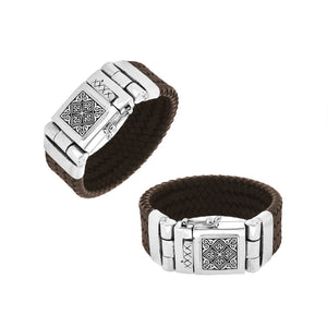 Sterling silver bracelet with brown braided leather and engraved box clasp for wholesale