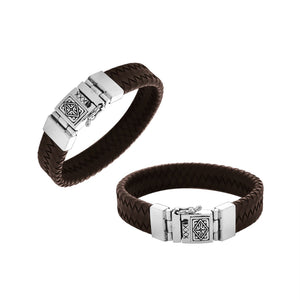 Sterling silver bracelet with brown braided leather and engraved box clasp for wholesale