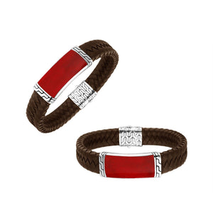 Sterling Silver Bracelet With Brown Leather Featuring Red Coral Accent