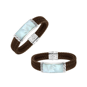 Sterling Silver Bracelet With Brown Leather Featuring Mother Of Pearl Accent