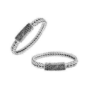 Sterling silver engraved bracelet with 3x8 mm braided chain and push clasp handcrafted in Bali.