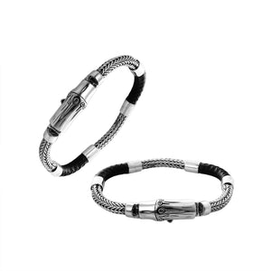 Sterling Silver Braided Chain Bracelet With Black Leather And Push Clasp