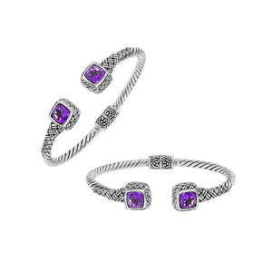 Sterling silver braided bangle with amethyst quartz ends and Balinese oxidized design