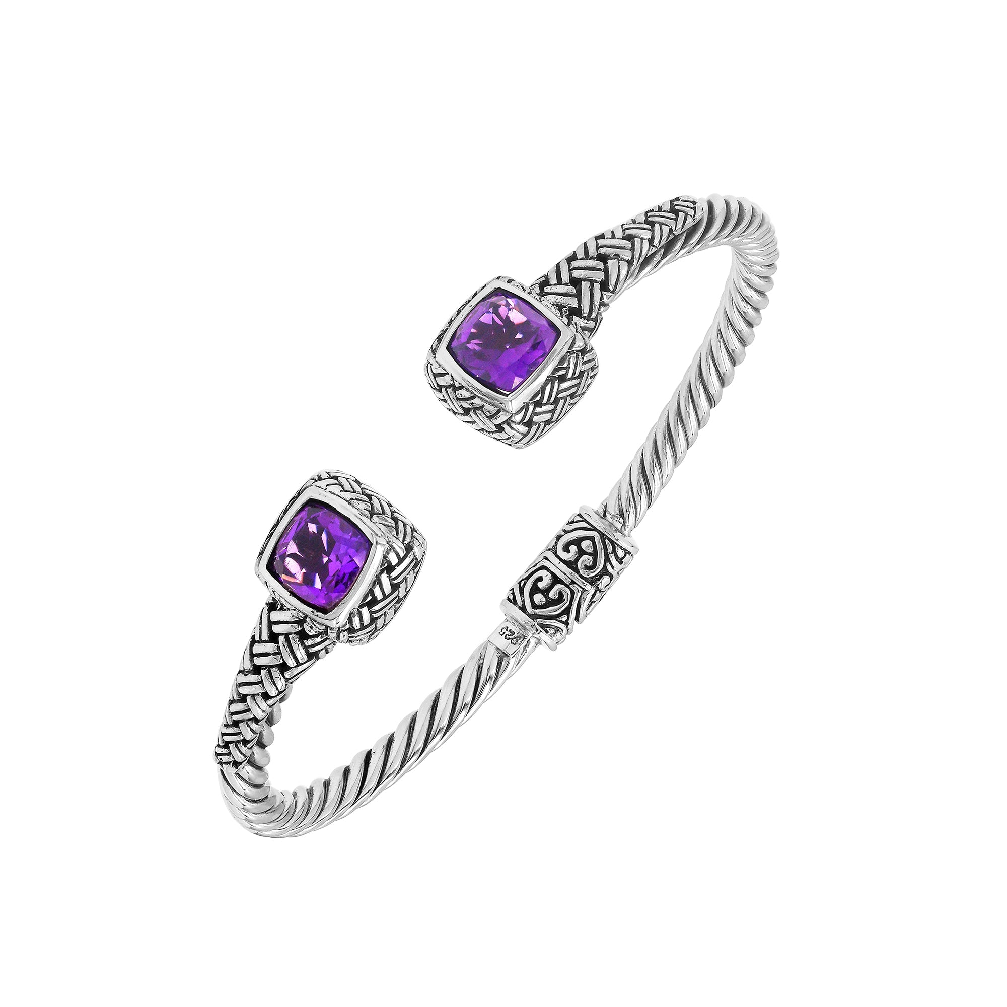 Sterling silver braided bangle with amethyst quartz ends and Balinese oxidized design