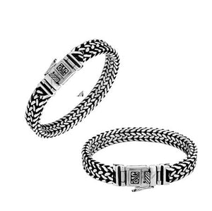 Sterling silver foxtail chain bracelet with engraved Balinese clasp and oxidized finish