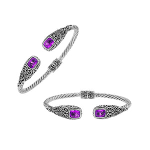 Sterling silver twisted bangle with amethyst quartz ends and Balinese oxidized detailing